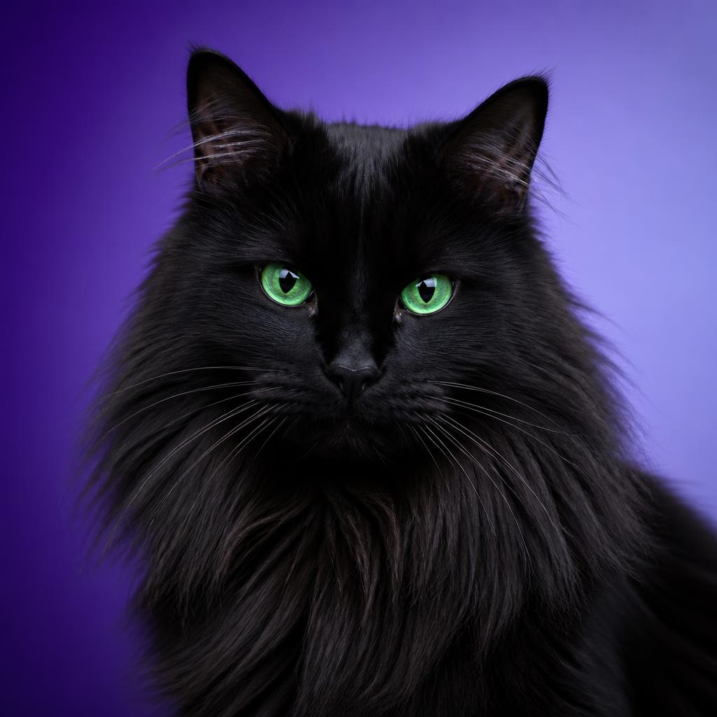 Gato preto peludo de olhos verdes vibrantes